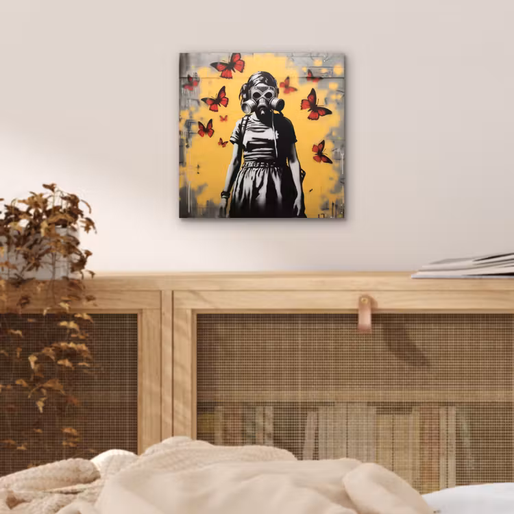 Aluminium schilderij - Meisje - Gasmasker - Vlinders - Graffiti — 4