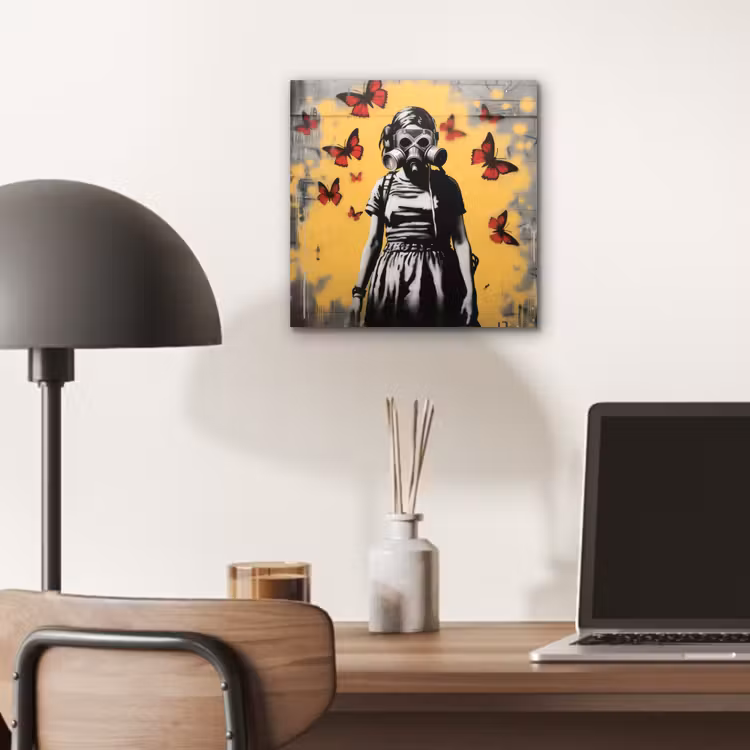 Aluminium schilderij - Meisje - Gasmasker - Vlinders - Graffiti — 6