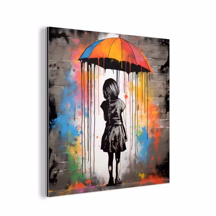 Aluminium schilderij - Meisje - Kunst - Paraplu - Graffiti - Kleuren - Muur — 1