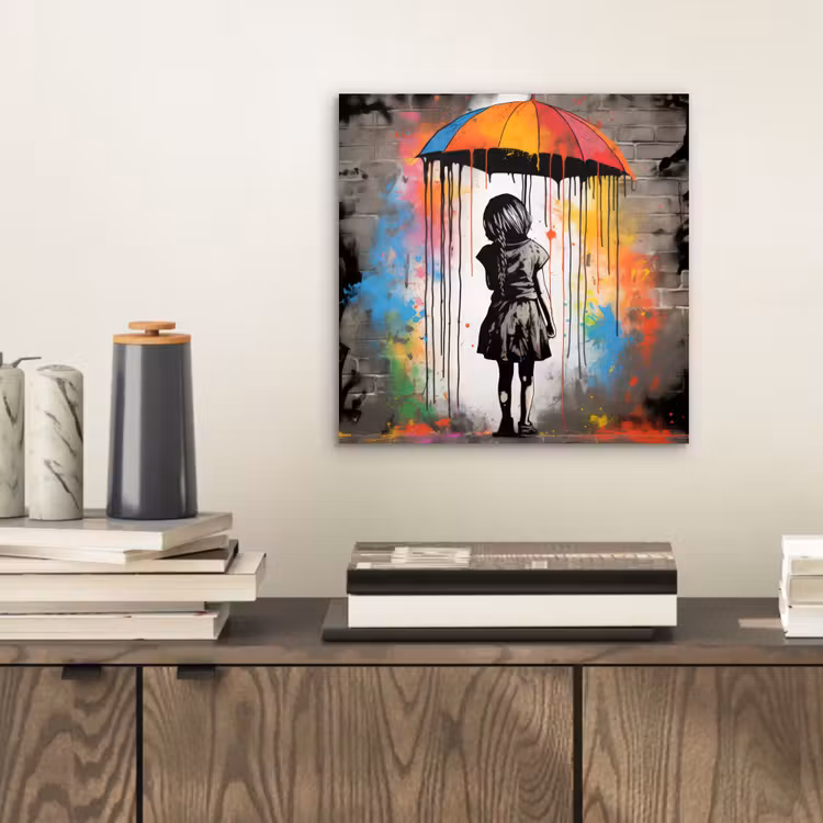 Aluminium schilderij - Meisje - Kunst - Paraplu - Graffiti - Kleuren - Muur — 2