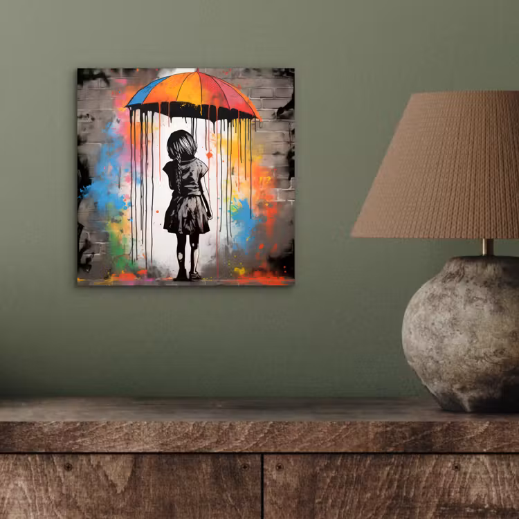 Aluminium schilderij - Meisje - Kunst - Paraplu - Graffiti - Kleuren - Muur — 3