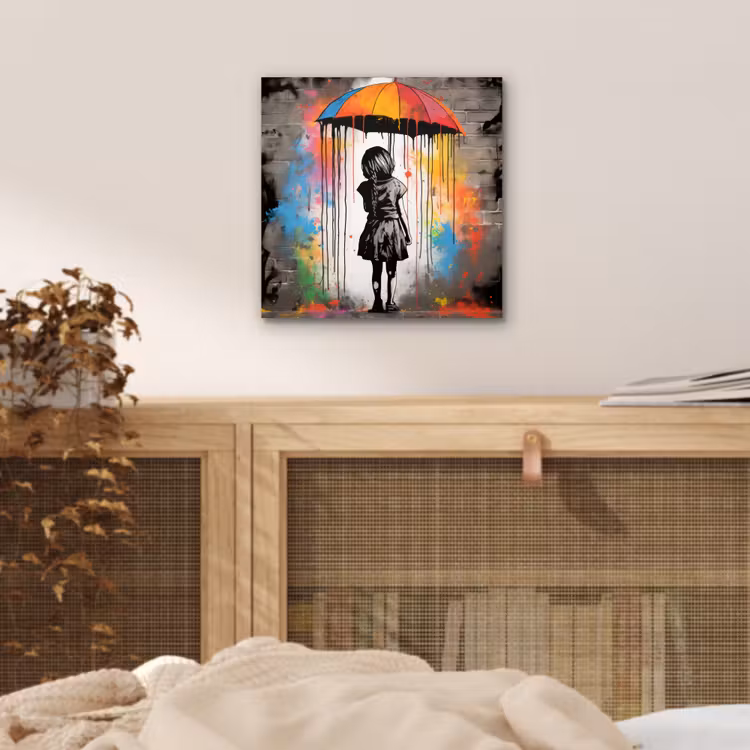 Aluminium schilderij - Meisje - Kunst - Paraplu - Graffiti - Kleuren - Muur — 4