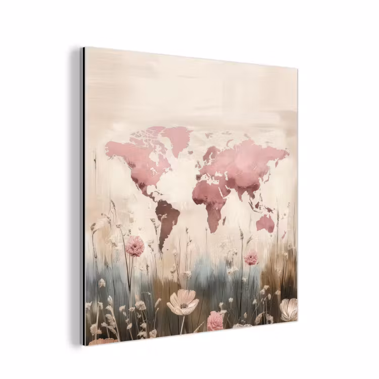Aluminium schilderij - Wereldkaart - Roze - Bloemen — 1