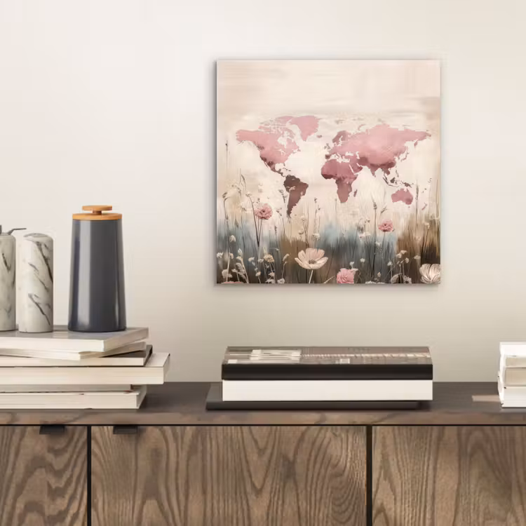 Aluminium schilderij - Wereldkaart - Roze - Bloemen — 2