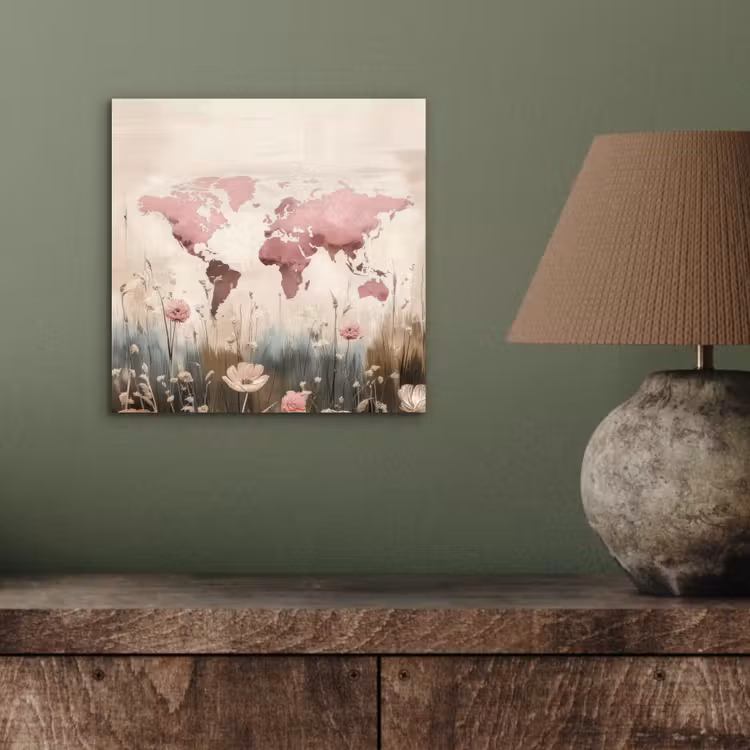 Aluminium schilderij - Wereldkaart - Roze - Bloemen — 3