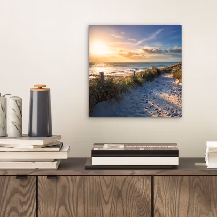 Aluminium schilderij - Zonsondergang - Strand - Duin - Gras - Bank — 2
