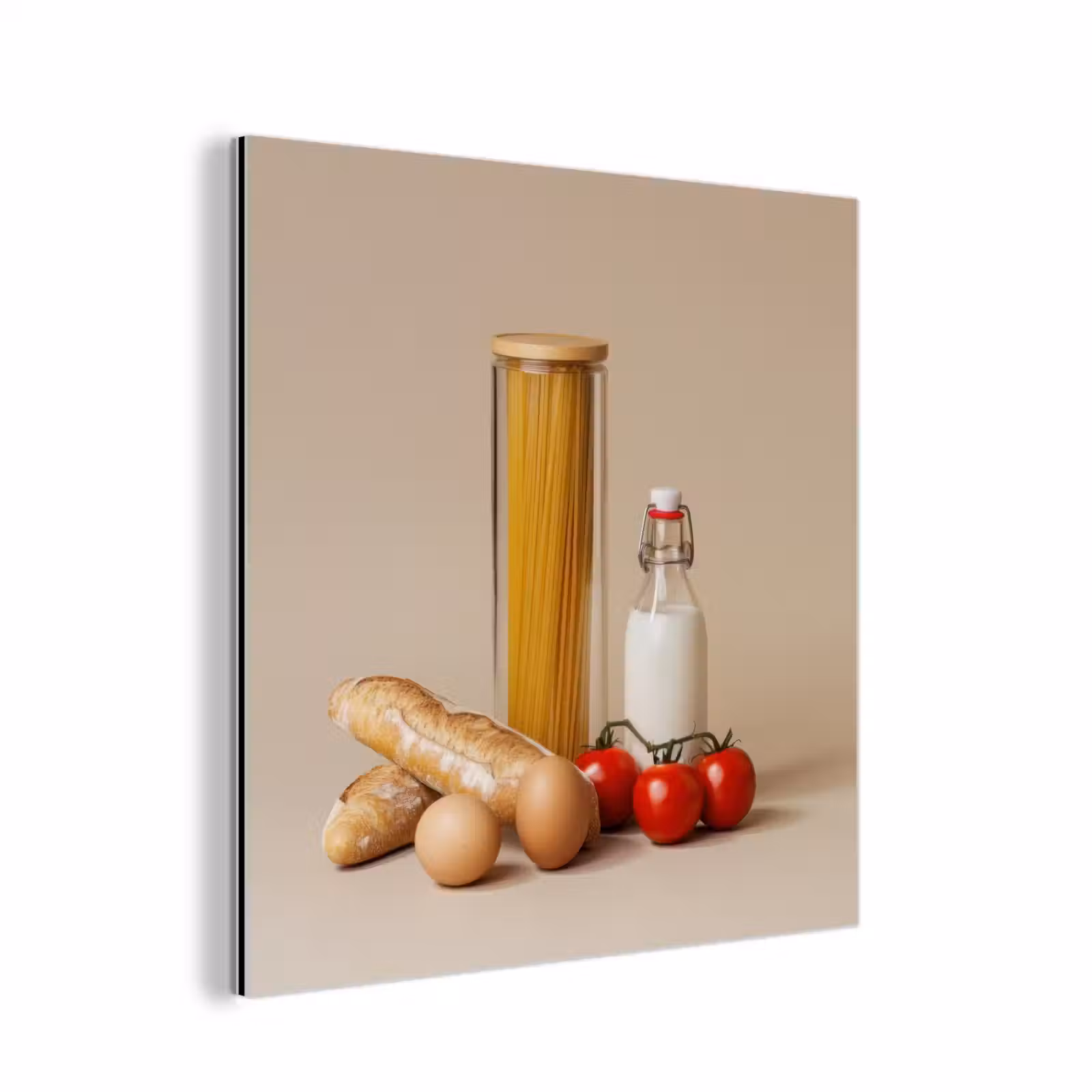 Aluminium schilderij - Spaghetti - Melk - Tomaten - Eieren - Brood — 1