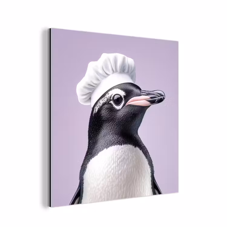 Aluminium schilderij - Pinguïn - Koksmuts - Lief - Paars — 1