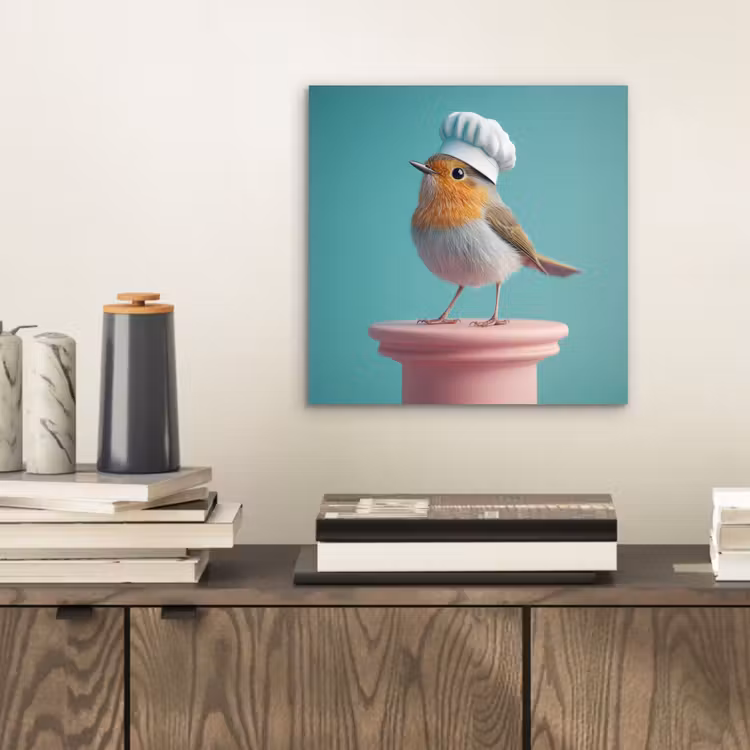 Aluminium schilderij - Roodborstje - Vogel - Koksmuts - Sokkel — 2