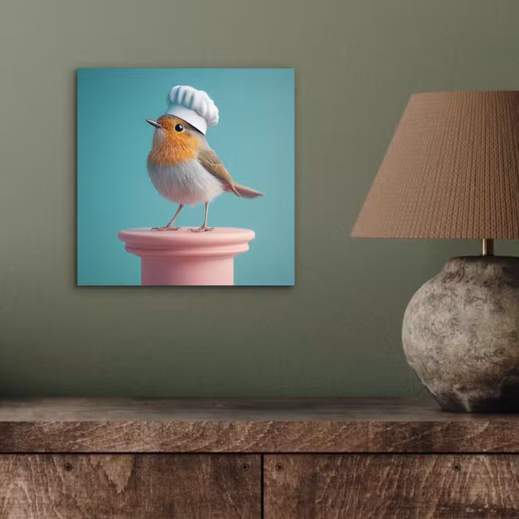 Aluminium schilderij - Roodborstje - Vogel - Koksmuts - Sokkel — 3