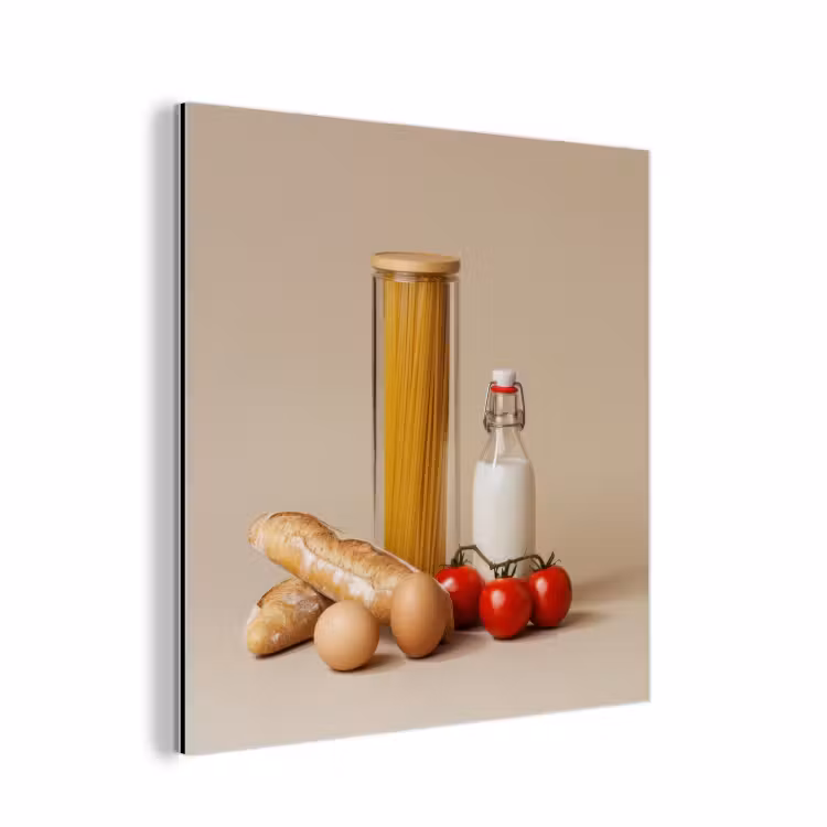 Aluminium schilderij - Spaghetti - Melk - Tomaten - Eieren - Brood — 1