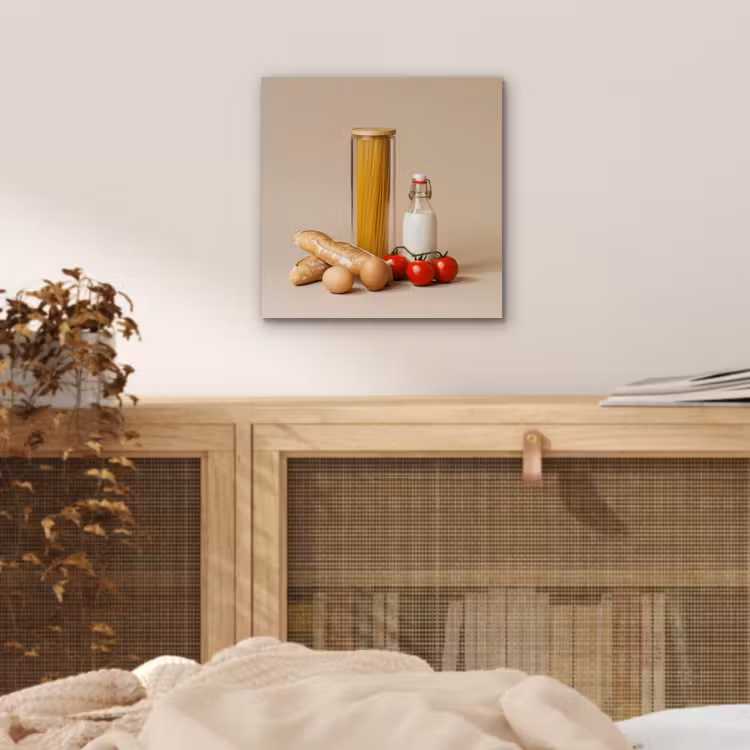 Aluminium schilderij - Spaghetti - Melk - Tomaten - Eieren - Brood — 4
