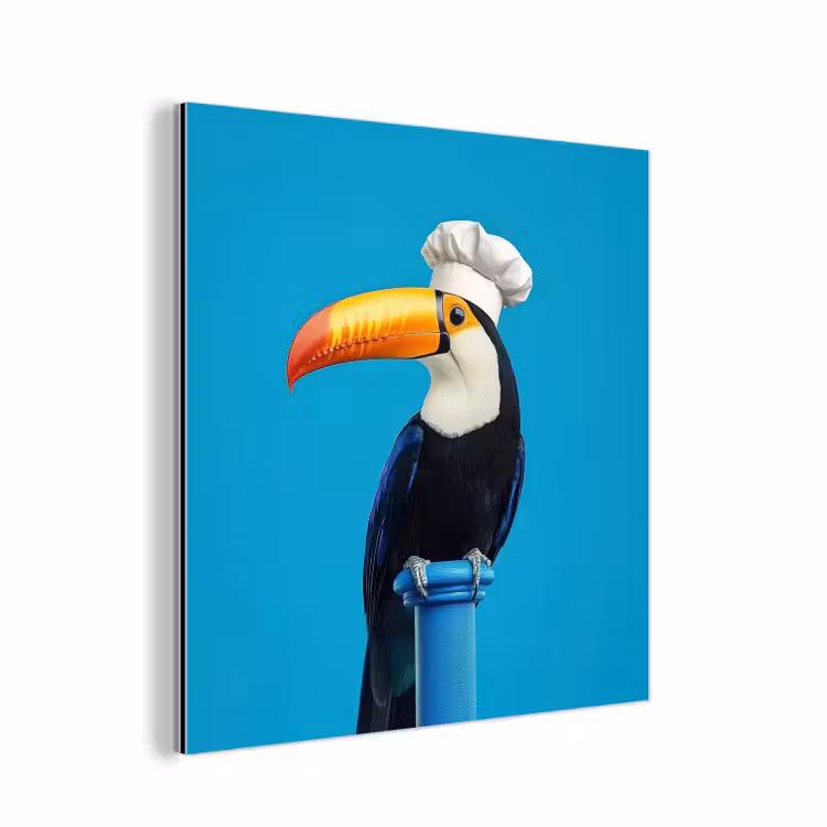 Aluminium schilderij - Tucan - Sokkel - Vogel - Koksmuts — 1