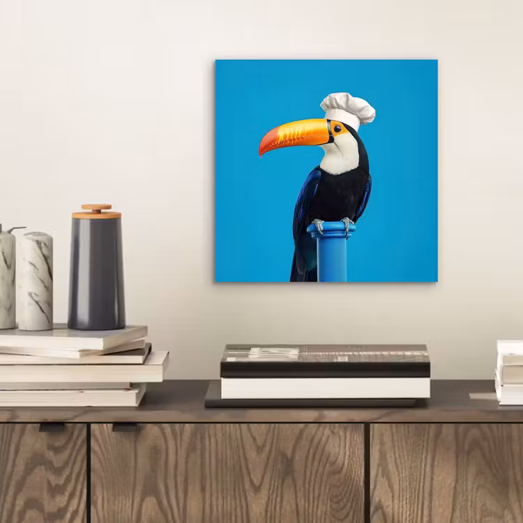Aluminium schilderij - Tucan - Sokkel - Vogel - Koksmuts — 2