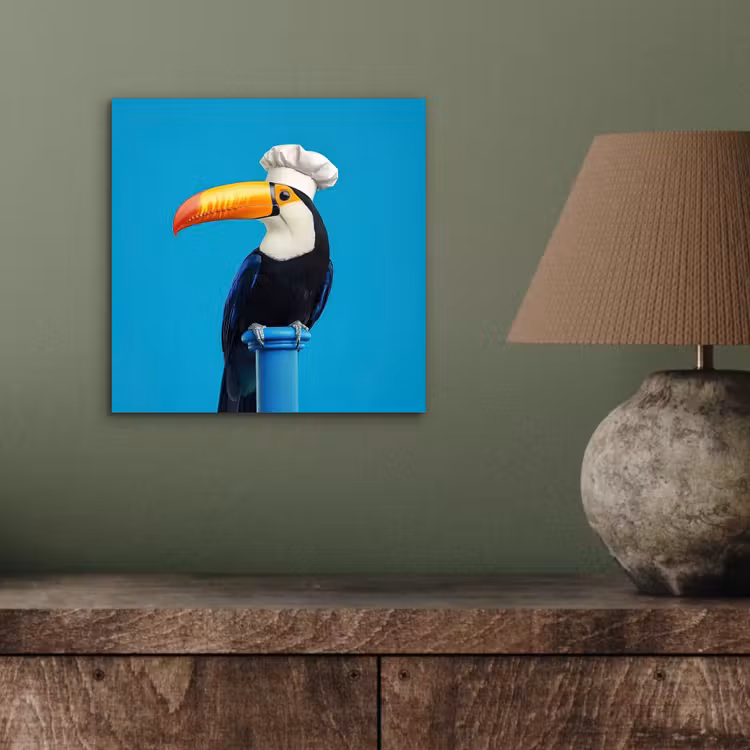 Aluminium schilderij - Tucan - Sokkel - Vogel - Koksmuts — 3