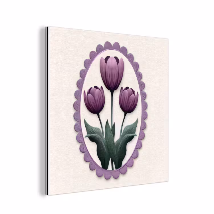 Aluminium schilderij - Tulpen - Paars - Lijst - Bladeren — 1