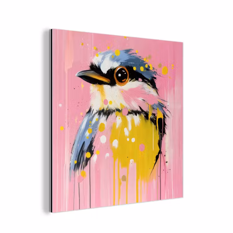 Aluminium schilderij - Vogel - Roze - Geel - Blauw — 1
