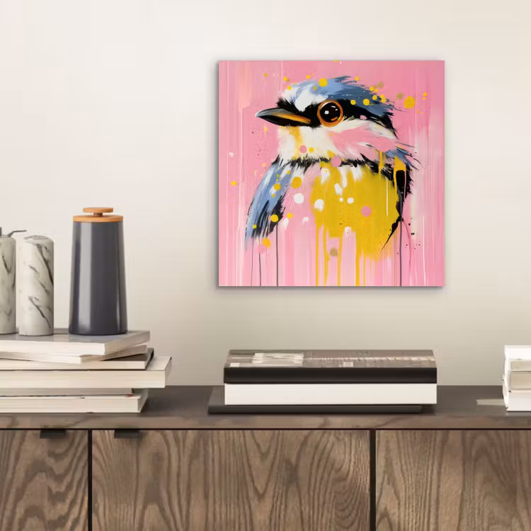 Aluminium schilderij - Vogel - Roze - Geel - Blauw — 2