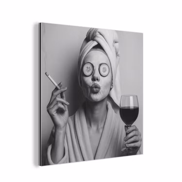 Aluminium schilderij - Vrouw - Masker - Wijn - Sigaret — 1