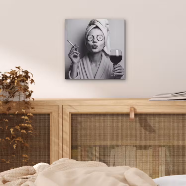 Aluminium schilderij - Vrouw - Masker - Wijn - Sigaret — 4