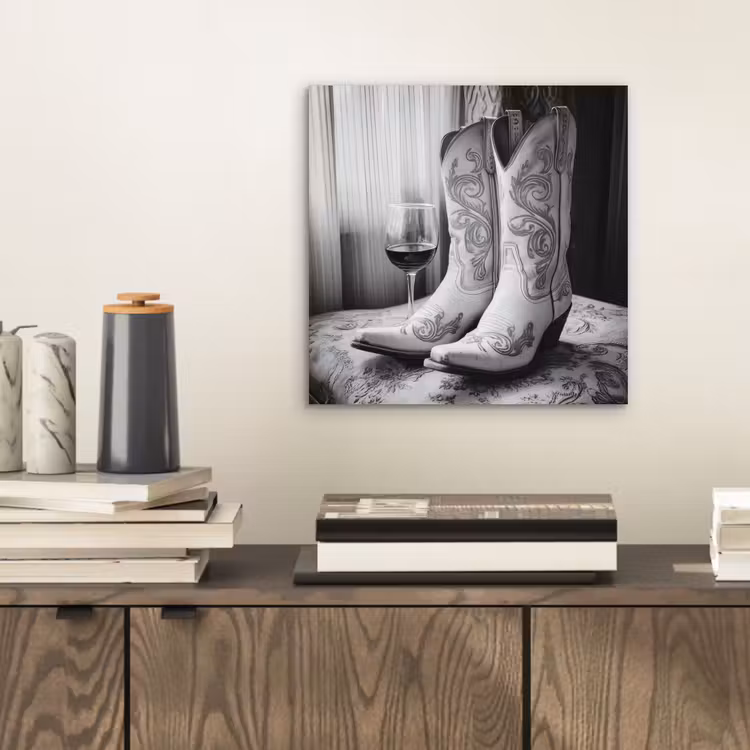 Aluminium schilderij - Wijn - Cowboylaarzen - Raamlicht - Wit — 2