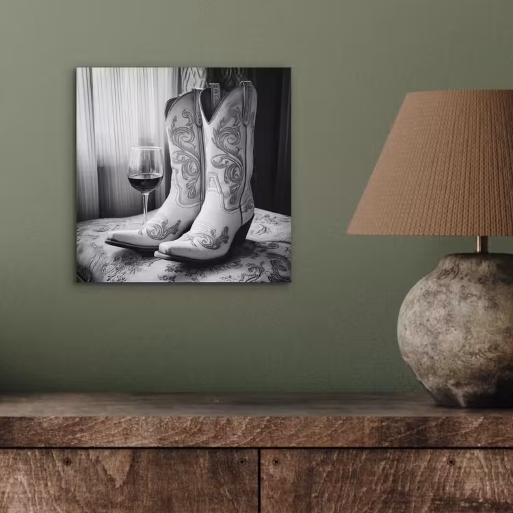 Aluminium schilderij - Wijn - Cowboylaarzen - Raamlicht - Wit — 3