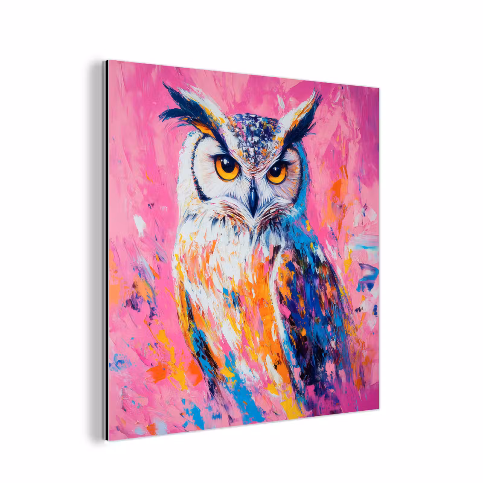 Aluminium schilderij - Uil - Roze - Blauw - Verf - Abstract — 1