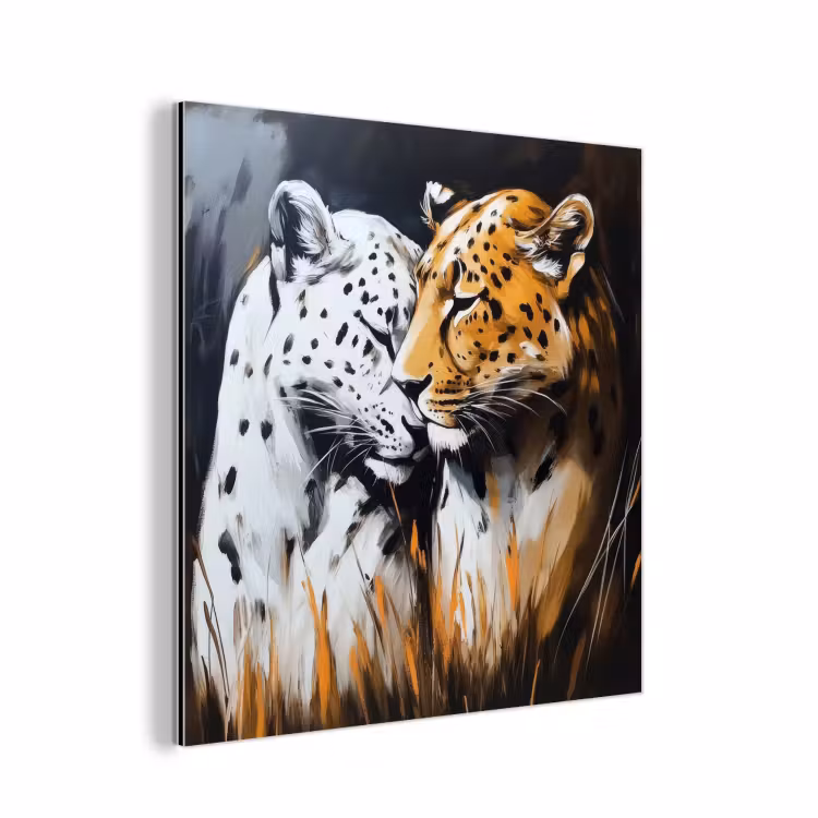 Aluminium schilderij - Luipaard - Oranje - Wit - Gras — 1