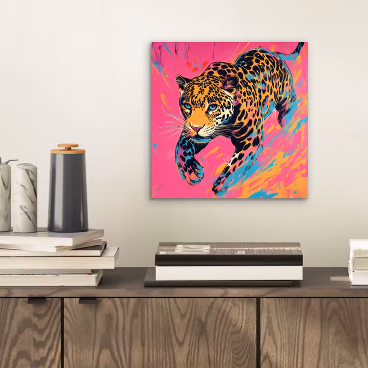 Aluminium schilderij - Luipaard - Roze - Oranje - Blauw - Verf — 2