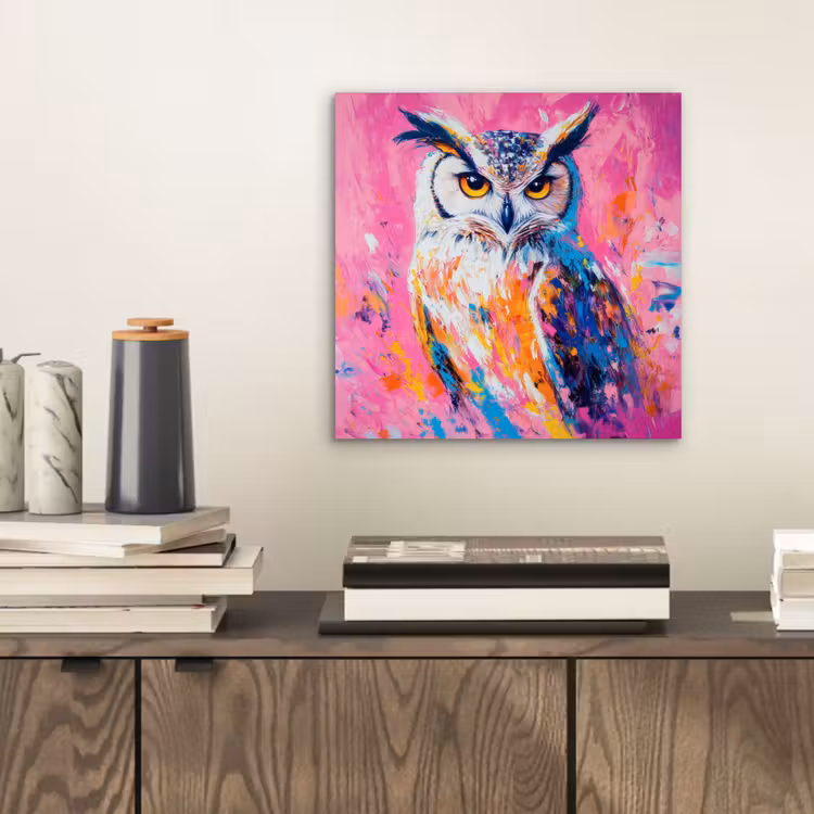 Aluminium schilderij - Uil - Roze - Blauw - Verf - Abstract — 2