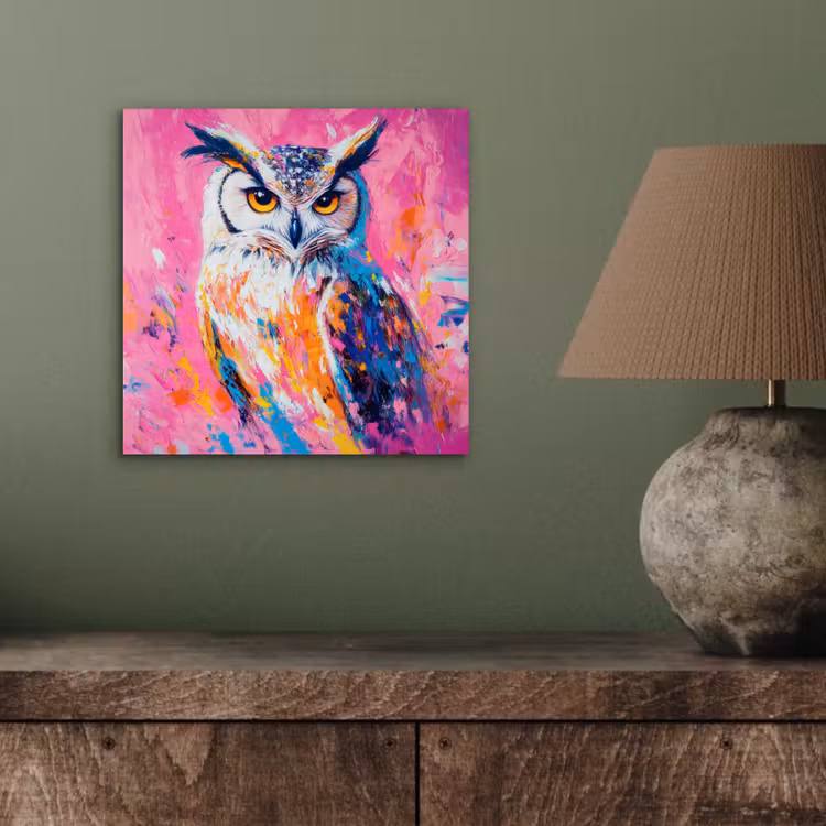 Aluminium schilderij - Uil - Roze - Blauw - Verf - Abstract — 3