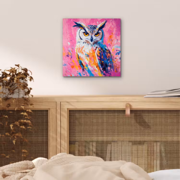 Aluminium schilderij - Uil - Roze - Blauw - Verf - Abstract — 4
