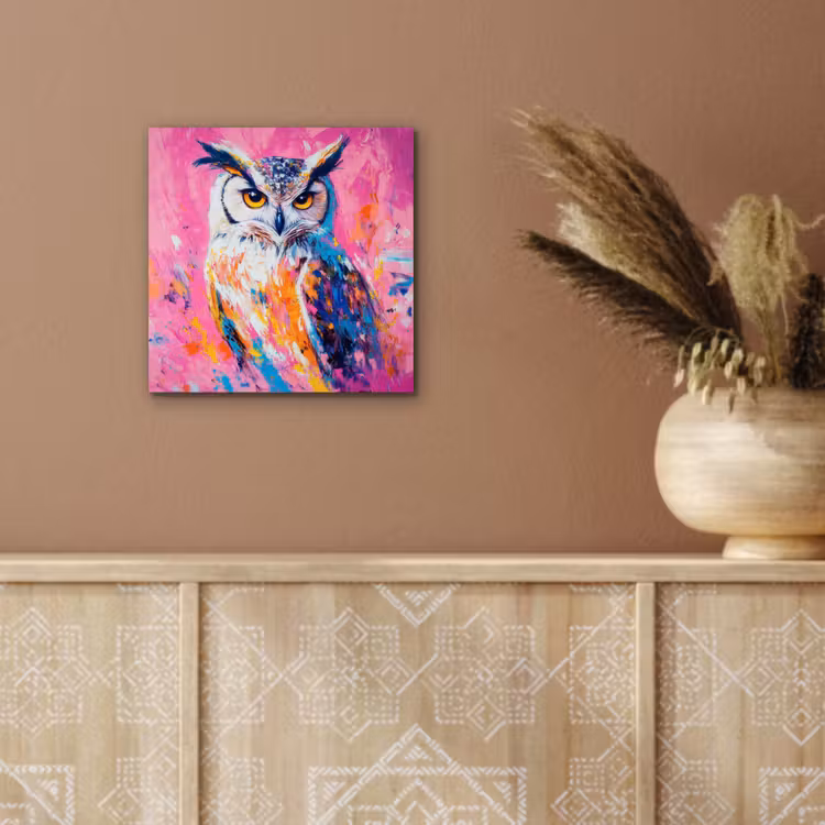 Aluminium schilderij - Uil - Roze - Blauw - Verf - Abstract — 5