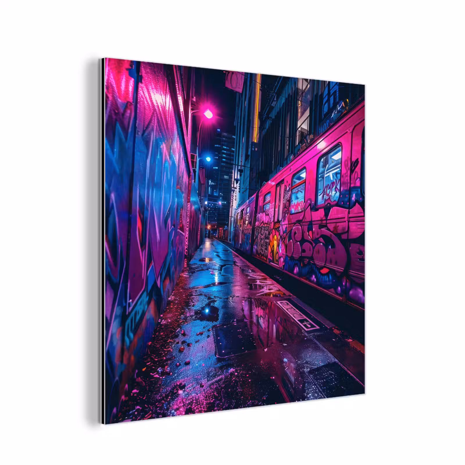 Aluminium schilderij - Stad - Neon - Nacht - Roze - Graffiti — 1