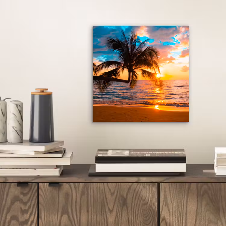Aluminium schilderij - Palm - Zonsondergang - Horizon - Strand - Zee - Tropisch — 2