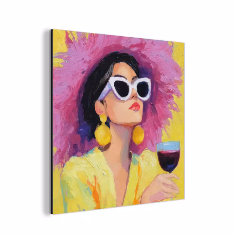 Aluminium schilderij - Vrouw - Hoed - Paars - Wijn — 1