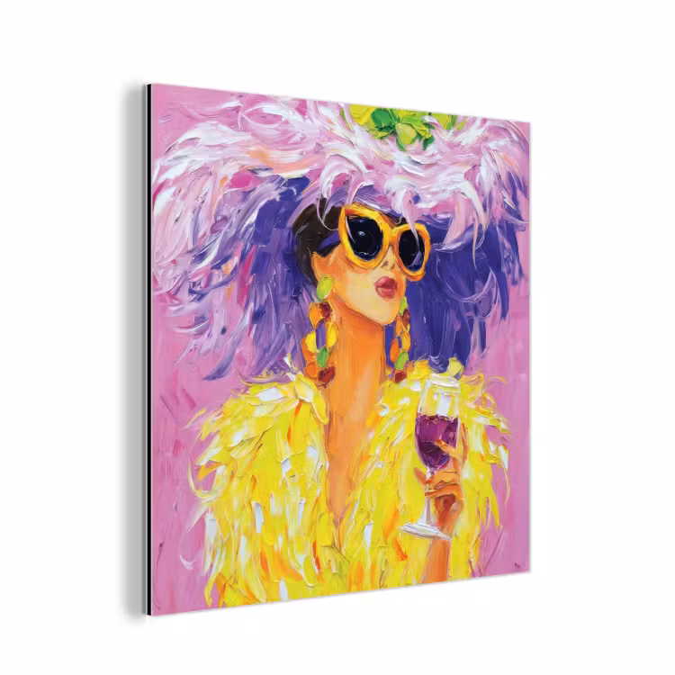 Aluminium schilderij - Zonnebril - Vrouw - Jas - Veren — 1