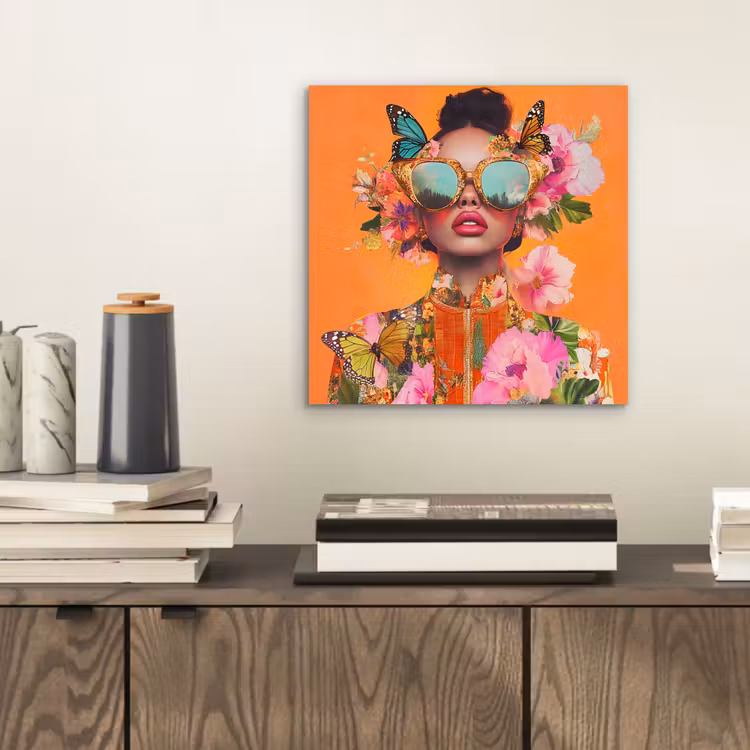 Aluminium schilderij - Vlinders - Vrouw - Zonnebril - Kleurrijk — 2