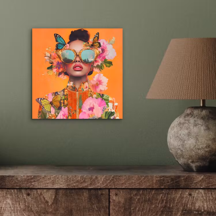 Aluminium schilderij - Vlinders - Vrouw - Zonnebril - Kleurrijk — 3