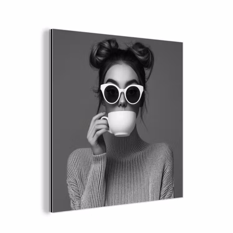 Aluminium schilderij - Vrouw - Koffie - Zwart - Wit — 1