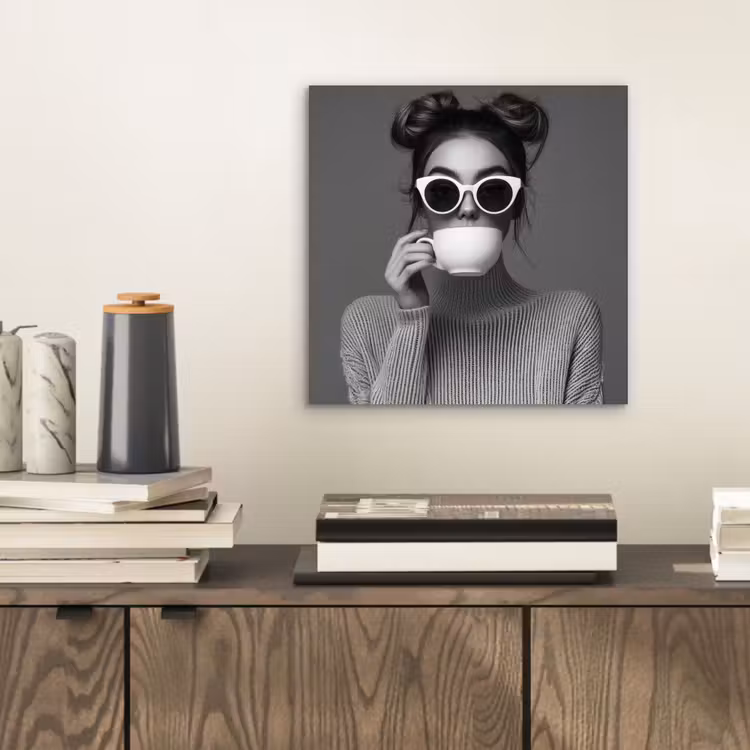 Aluminium schilderij - Vrouw - Koffie - Zwart - Wit — 2