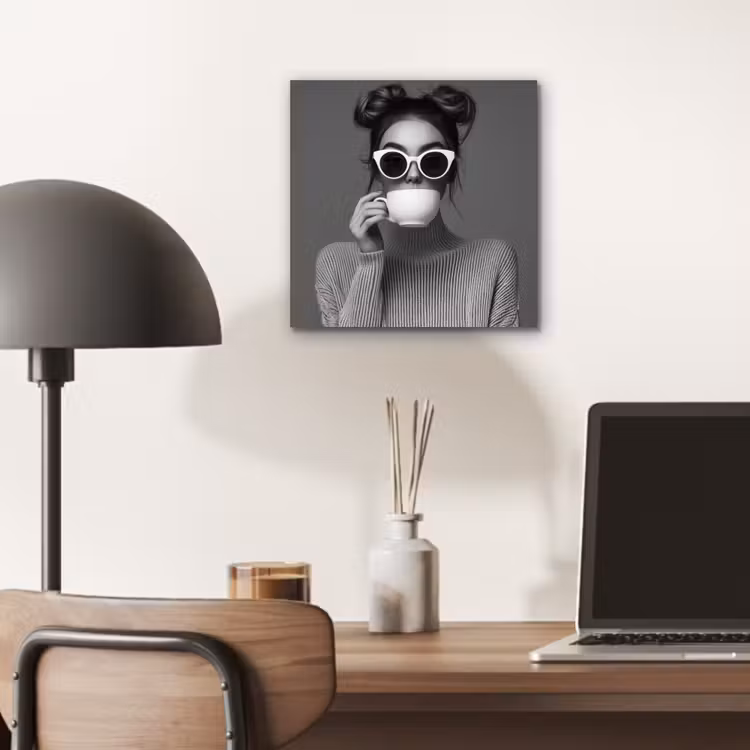 Aluminium schilderij - Vrouw - Koffie - Zwart - Wit — 6