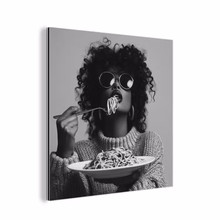 Aluminium schilderij - Vrouw - Pasta - Zwart - Wit — 1