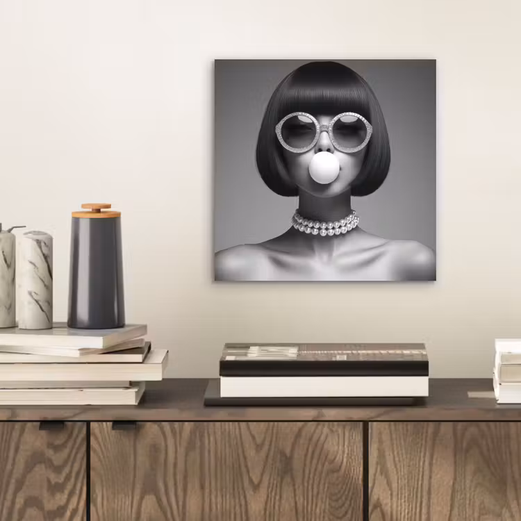 Aluminium schilderij - Vrouw - Zwart Wit - Ketting - Zonnebril — 2