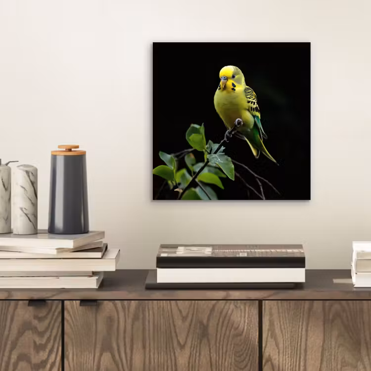 Aluminium schilderij - Parkiet - Tak - Bladeren - Geel — 2