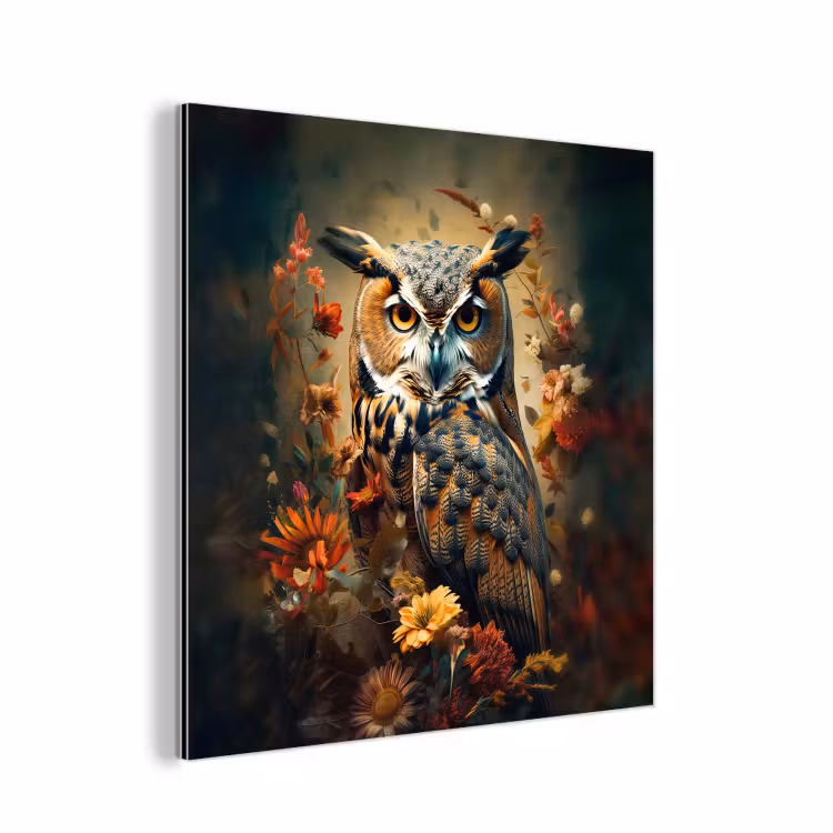 Aluminium schilderij - Uil - Vogel - Bloemen - Planten - Botanisch — 1