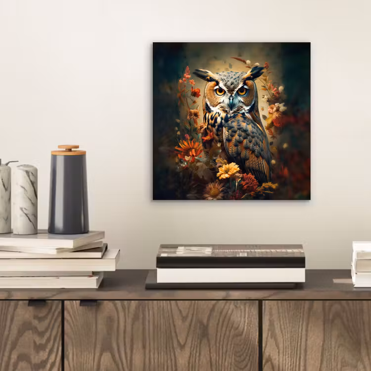 Aluminium schilderij - Uil - Vogel - Bloemen - Planten - Botanisch — 2