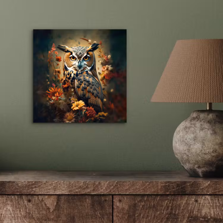 Aluminium schilderij - Uil - Vogel - Bloemen - Planten - Botanisch — 3