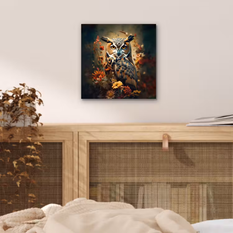 Aluminium schilderij - Uil - Vogel - Bloemen - Planten - Botanisch — 4