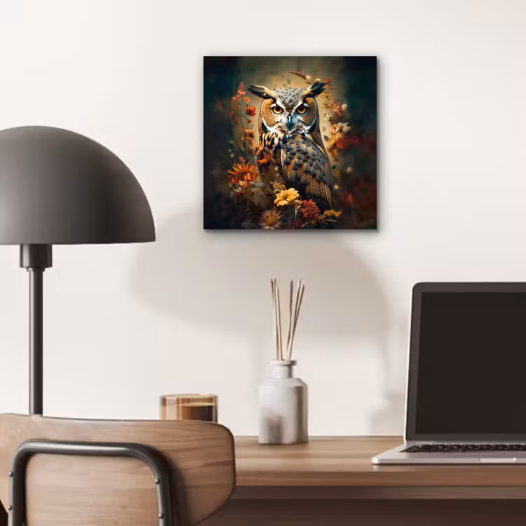 Aluminium schilderij - Uil - Vogel - Bloemen - Planten - Botanisch — 6